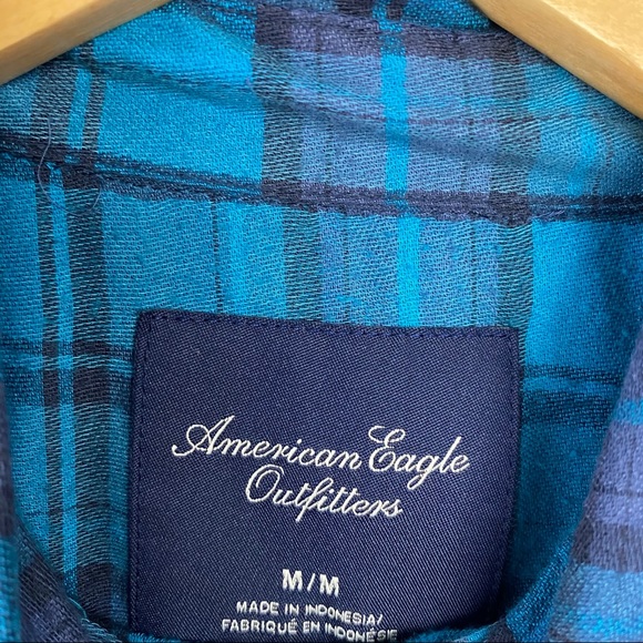 American Eagle Blue Plaid Button Down Blouse - Picture 6 of 6